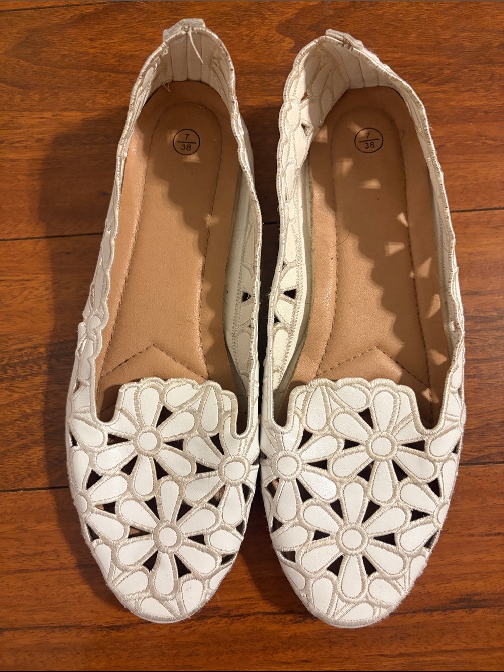 Women’s White Floral Cutout Flats - Breathable Slip-On Shoes